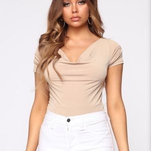 Beige short sleeve ruffled body suit